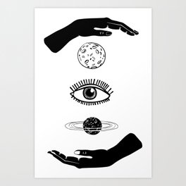 Two hands, between them the moon, eye and planet. Black and white. Art Print