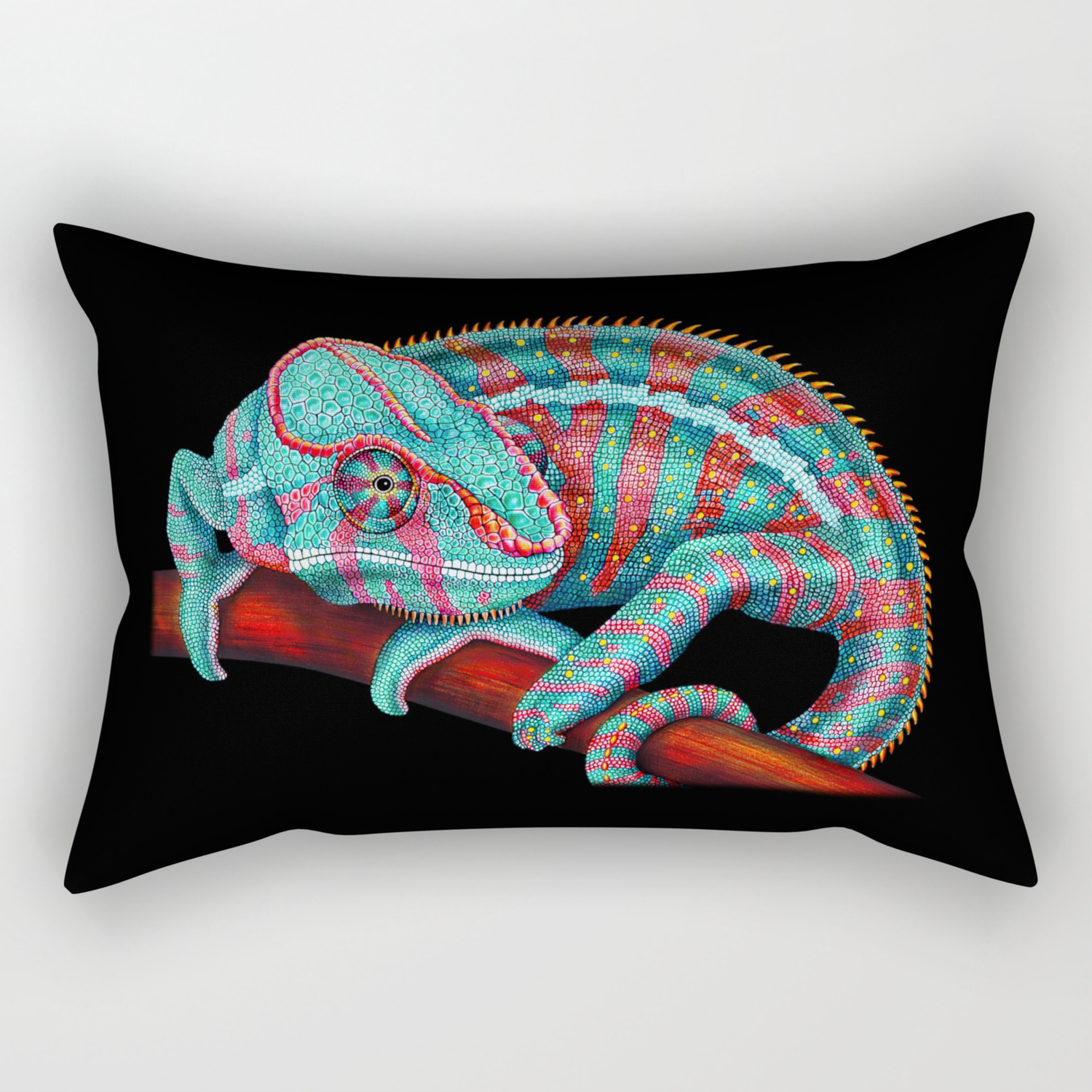 Panther Chameleon Turquoise Blue Coral Red Rectangular Pillow By