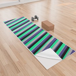[ Thumbnail: Dark Slate Blue, Grey, Green, and Black Colored Lines/Stripes Pattern Yoga Towel ]