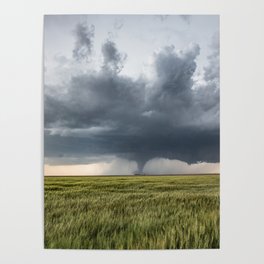 High Risk - Tornado Passes Behind Farmhouse on Stormy Spring Day in Kansas Poster