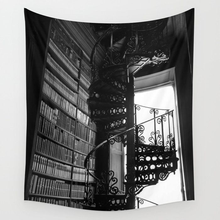 Stairs Trinity College Library Spiral Iron Wrought Staircase, Dublin, Ireland black and white photography Wall Tapestry