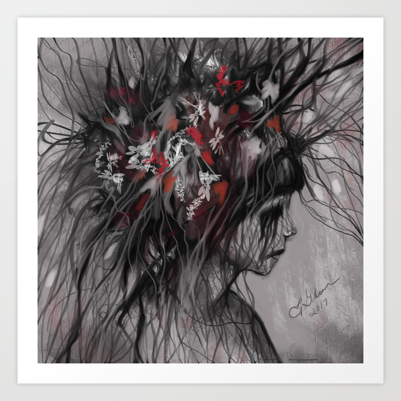 Black Red And White Digital Painting Of A Gothic Girl Art Print