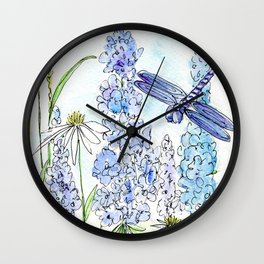 Watercolor Wildflower Garden Dragonfly Blue Flowers Daisies Wall Clock