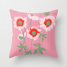 Stylized graphic ragged poppies pink red Throw Pillow