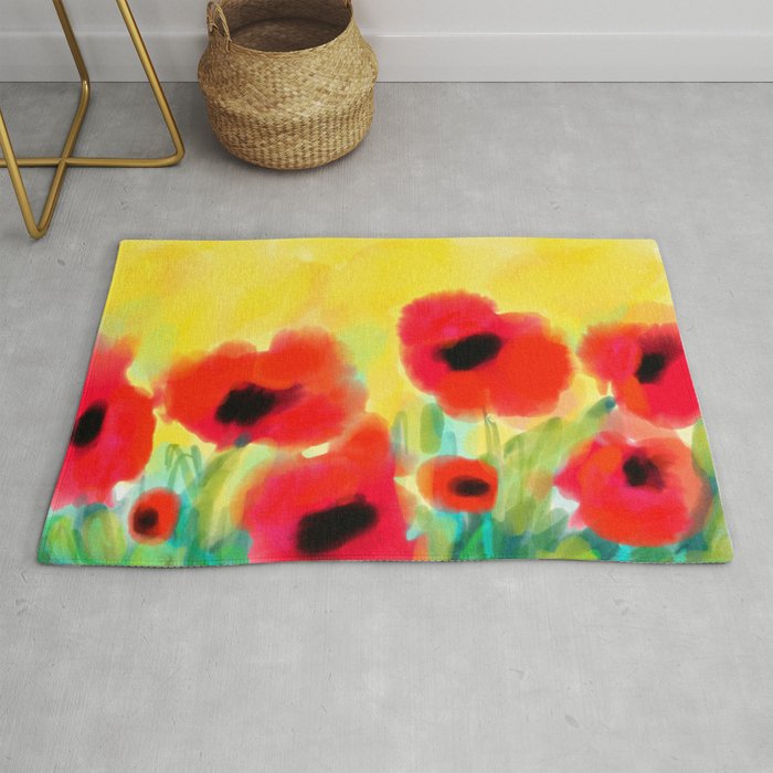 Red poppies - original design by ArtStudio29 - red flowers on yellow background Rug