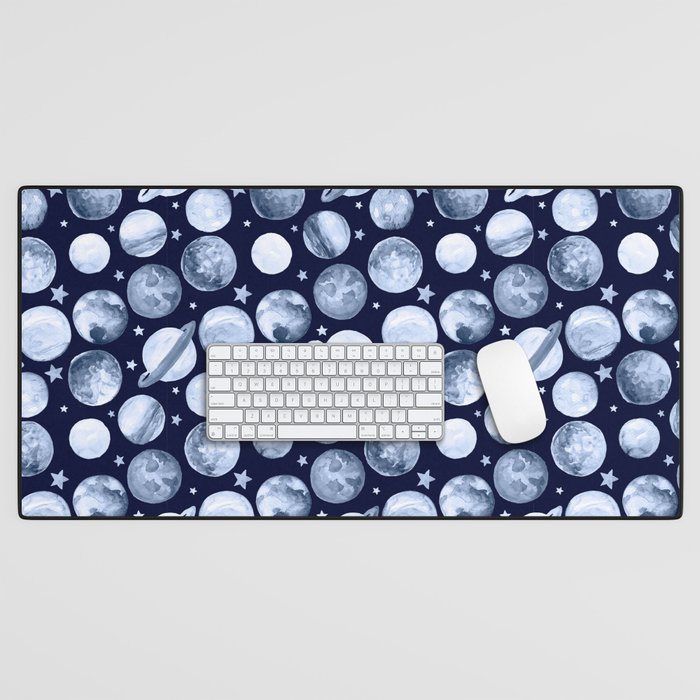 Watercolor pattern illustration of space galaxy with planets and stars Desk Mat