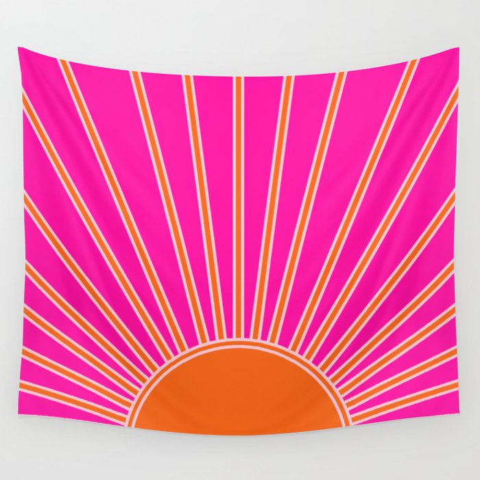 Sun Print Sunrise Hot Pink And Orange Sunshine Retro Sun Wall Art Vintage Boho Abstract Modern Decor Wall Tapestry