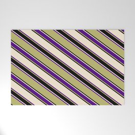 [ Thumbnail: Beige, Indigo, Dark Khaki, and Black Colored Striped/Lined Pattern Welcome Mat ]