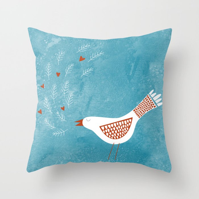 Scandinavian Bird with Hearts Throw Pillow