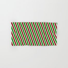 [ Thumbnail: Christmas Inspired Red, White & Green Colored Striped/Lined Pattern Hand & Bath Towel ]