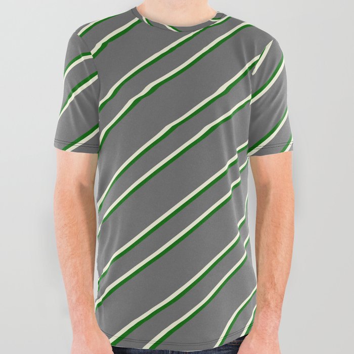 Dim Gray, Beige & Dark Green Colored Pattern of Stripes All Over Graphic Tee