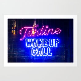 Blue and pink neon sign Tartine wake up call - hotdogs in Lissabon, Portugal Foodcourt - travel photography Art Print