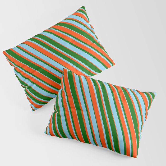 Dark Green, Sky Blue, and Red Colored Striped Pattern Pillow Sham