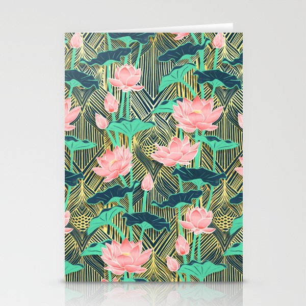 Art Deco Lotus Flowers in Peach & Emerald Stationery Cards