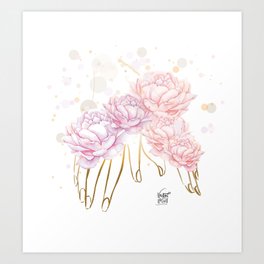 golden hands with pink peonies Art Print