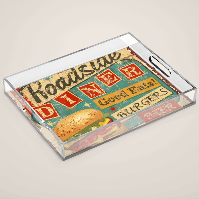 Vintage Roadside Diner metal sign.  Acrylic Tray