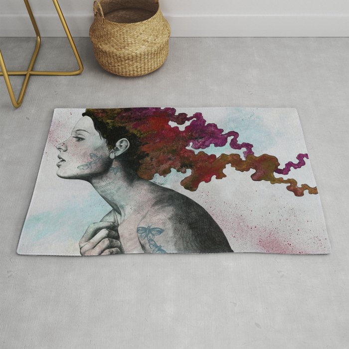 Moral Eclipse I: Red | moth tattoo woman portrait Rug