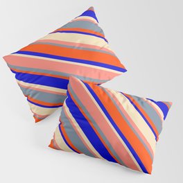 [ Thumbnail: Salmon, Light Slate Gray, Red, Blue, and Tan Colored Stripes Pattern Pillow Sham ]