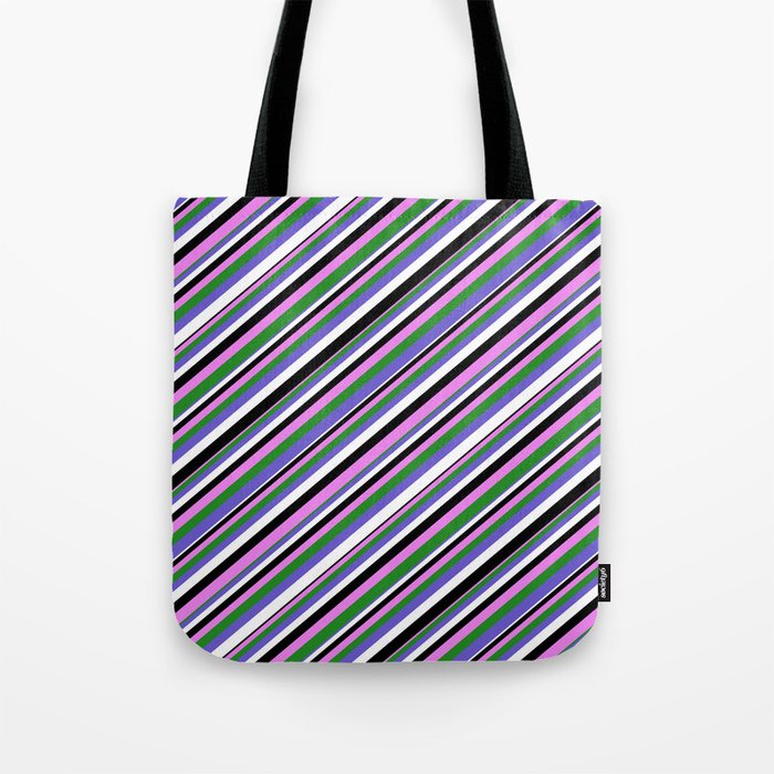 Violet, Forest Green, Slate Blue, White & Black Colored Pattern of Stripes Tote Bag
