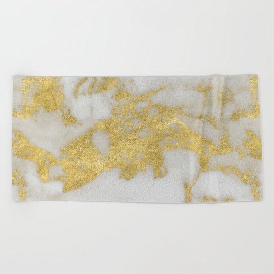 Marble - Yellow Gold Marble Foil on White Pattern Beach Towel