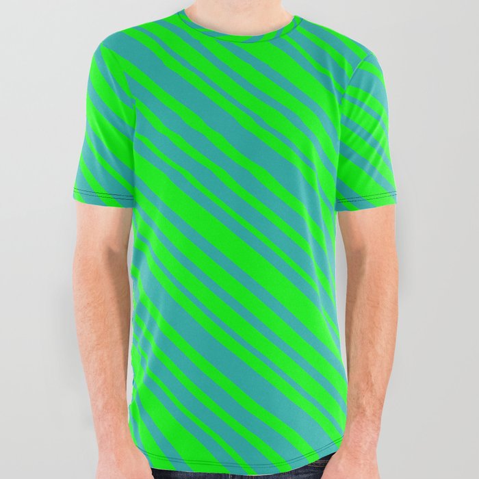 Lime & Light Sea Green Colored Lined Pattern All Over Graphic Tee