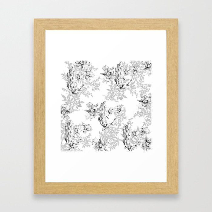PEACOCK LILY TREE AND LEAF TOILE GRAY AND WHITE PATTERN Framed Art Print