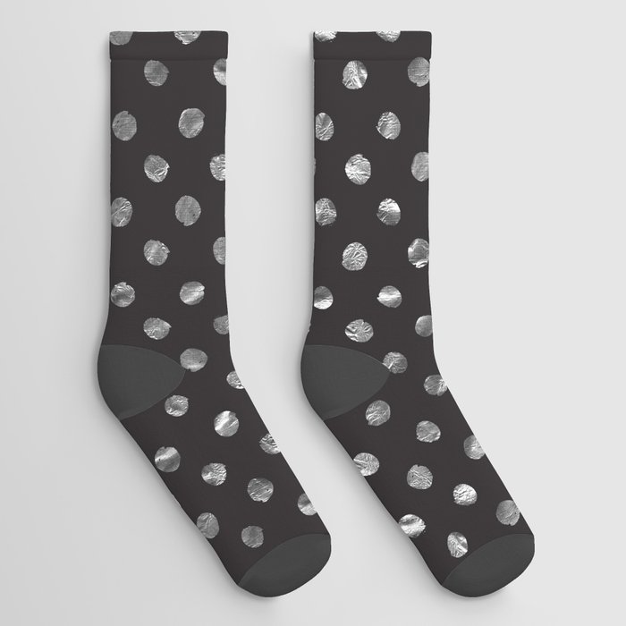 Silver Dots Modern Abstract Glam Foil Confetti Pattern Vintage Retro Black Socks