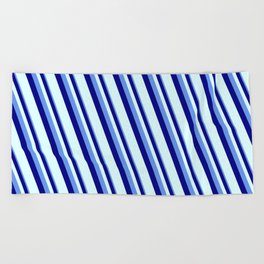 [ Thumbnail: Cornflower Blue, Blue & Light Cyan Colored Stripes/Lines Pattern Beach Towel ]