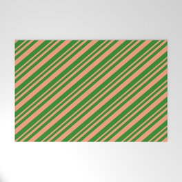 [ Thumbnail: Light Salmon & Forest Green Colored Lined Pattern Welcome Mat ]