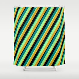 [ Thumbnail: Green, Goldenrod, Black, and Teal Colored Lined/Striped Pattern Shower Curtain ]