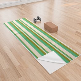 [ Thumbnail: Green, Sea Green, and Beige Colored Lined Pattern Yoga Towel ]