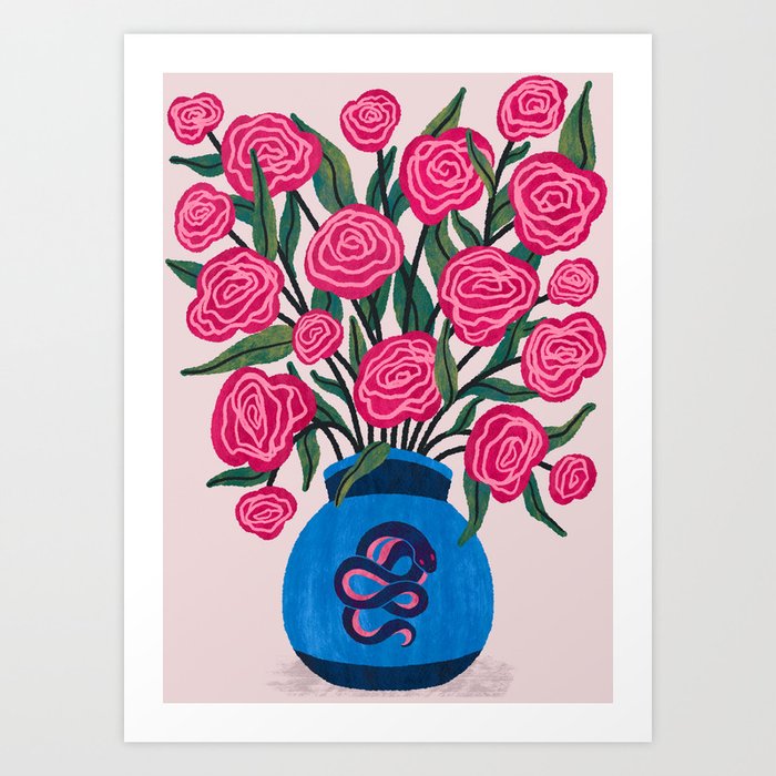 Vintage Flowers - Pink + Blue Art Print