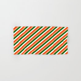 [ Thumbnail: Red, Light Salmon, Dark Green, and Mint Cream Colored Stripes/Lines Pattern Hand & Bath Towel ]