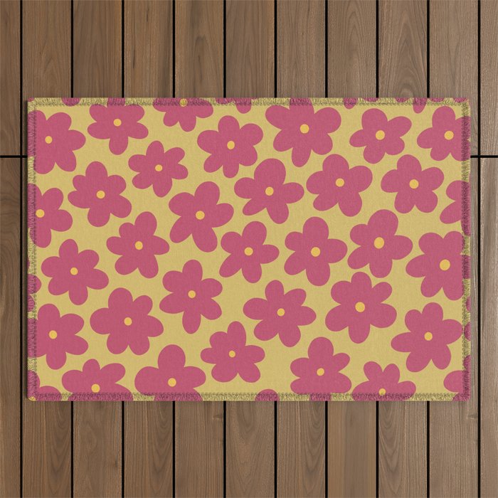 Sea of Flower Power - mustard yellow, dark magenta Outdoor Rug