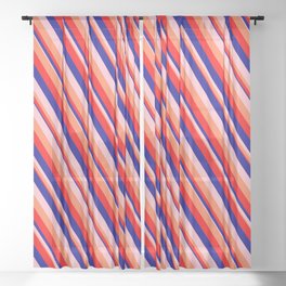 [ Thumbnail: Pink, Coral, Red, and Dark Blue Colored Pattern of Stripes Sheer Curtain ]