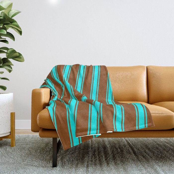 Brown and Cyan Colored Stripes Pattern Throw Blanket