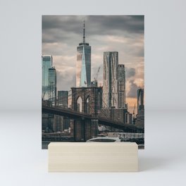 Brooklyn Bridge and Manhattan skyline at sunset in New York City Mini Art Print