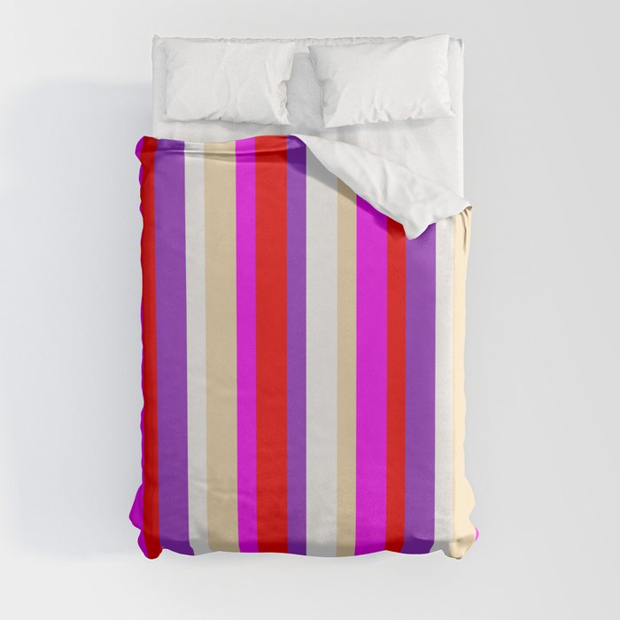 Colorful White, Dark Orchid, Red, Fuchsia & Tan Colored Striped/Lined Pattern Duvet Cover