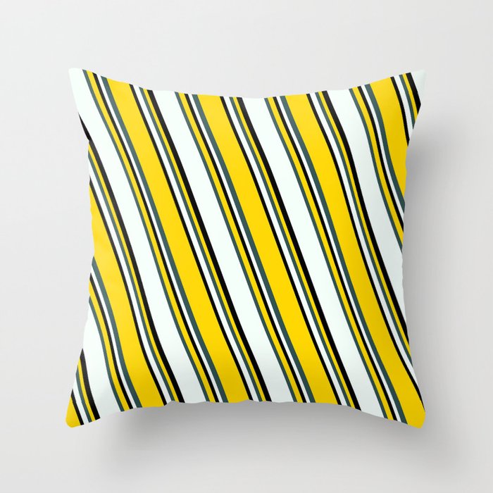 Yellow, Dark Slate Gray, Mint Cream & Black Colored Stripes/Lines Pattern Throw Pillow