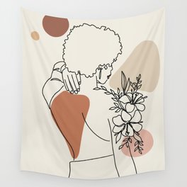 Black Girl Magic With Flowers Color Line Artwork Wall Tapestry