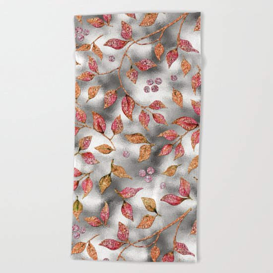 Autumworld- Sparkling pink glitter leaves on silver background #Society6 Beach Towel