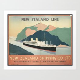 New Zealand Shipping Co. Antique Poster | vintage, travel, steam ship, kiwi, australia, retro, typography, sailing, panama, worn Art Print
