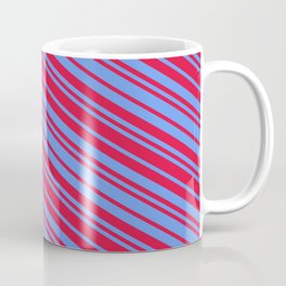 [ Thumbnail: Crimson and Cornflower Blue Colored Lines Pattern Coffee Mug ]