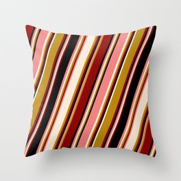 [ Thumbnail: Vibrant Light Coral, Beige, Dark Goldenrod, Dark Red & Black Colored Lines/Stripes Pattern Throw Pillow ]