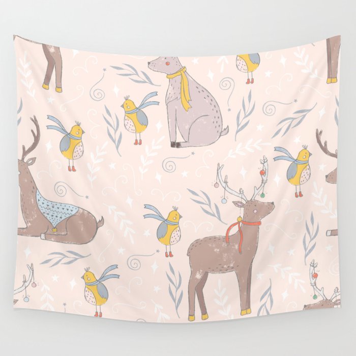 Christmas Deer and Bird Wall Tapestry