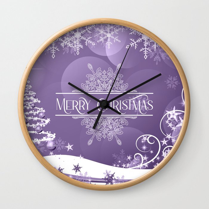 Merry Christmas, Christmas Tree, Snowflakes, Flowers and Stars on Purple Wall Clock