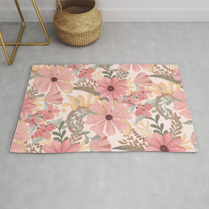 Pink Sage Green Floral Leaves Watercolor Pattern Rug by lafemmeart