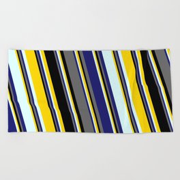[ Thumbnail: Yellow, Light Cyan, Midnight Blue, Dim Grey & Black Colored Striped Pattern Beach Towel ]