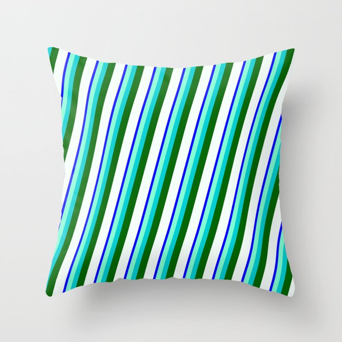Blue, Aquamarine, Dark Turquoise, Dark Green & Mint Cream Colored Stripes/Lines Pattern Throw Pillow