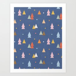 Colorful Christmas Trees On Blue Art Print